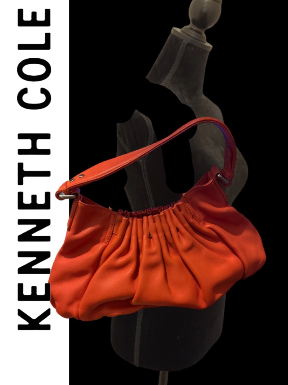 Vintage Kenneth Cole Orange Ruched Leather Hobo Shoulder Bag